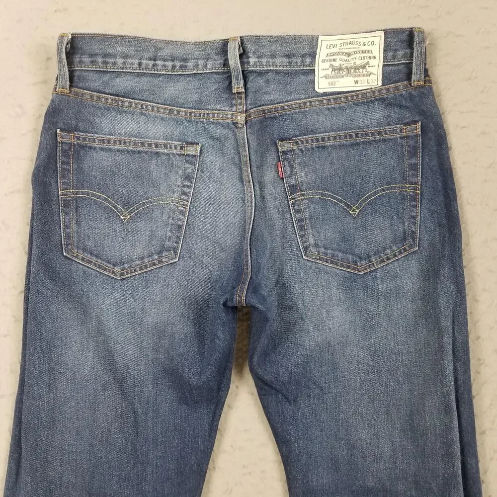 Levis 502 Jeans Mens 33x32 Blue Medium Wash Wellthread Tapered Leg Stretch Denim